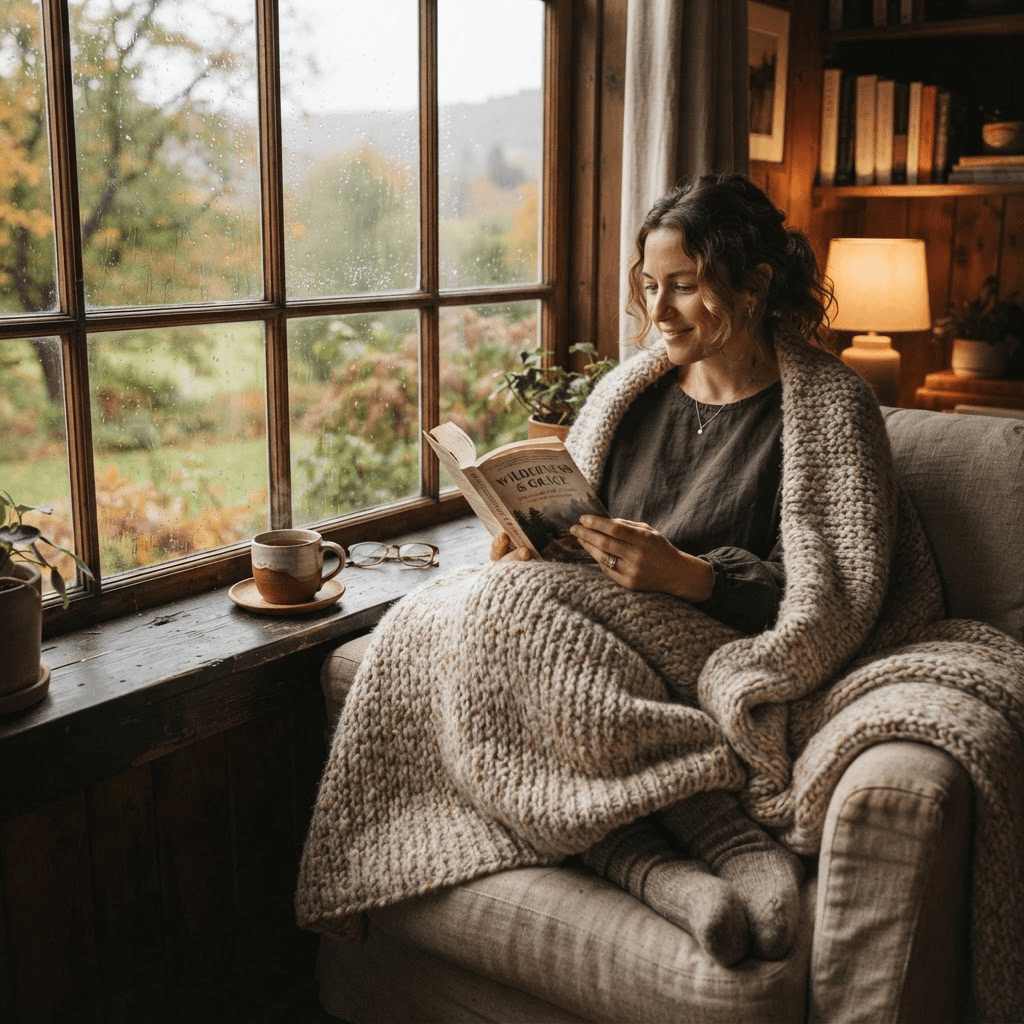 A person reading a paperback by a rain-streaked window with tea