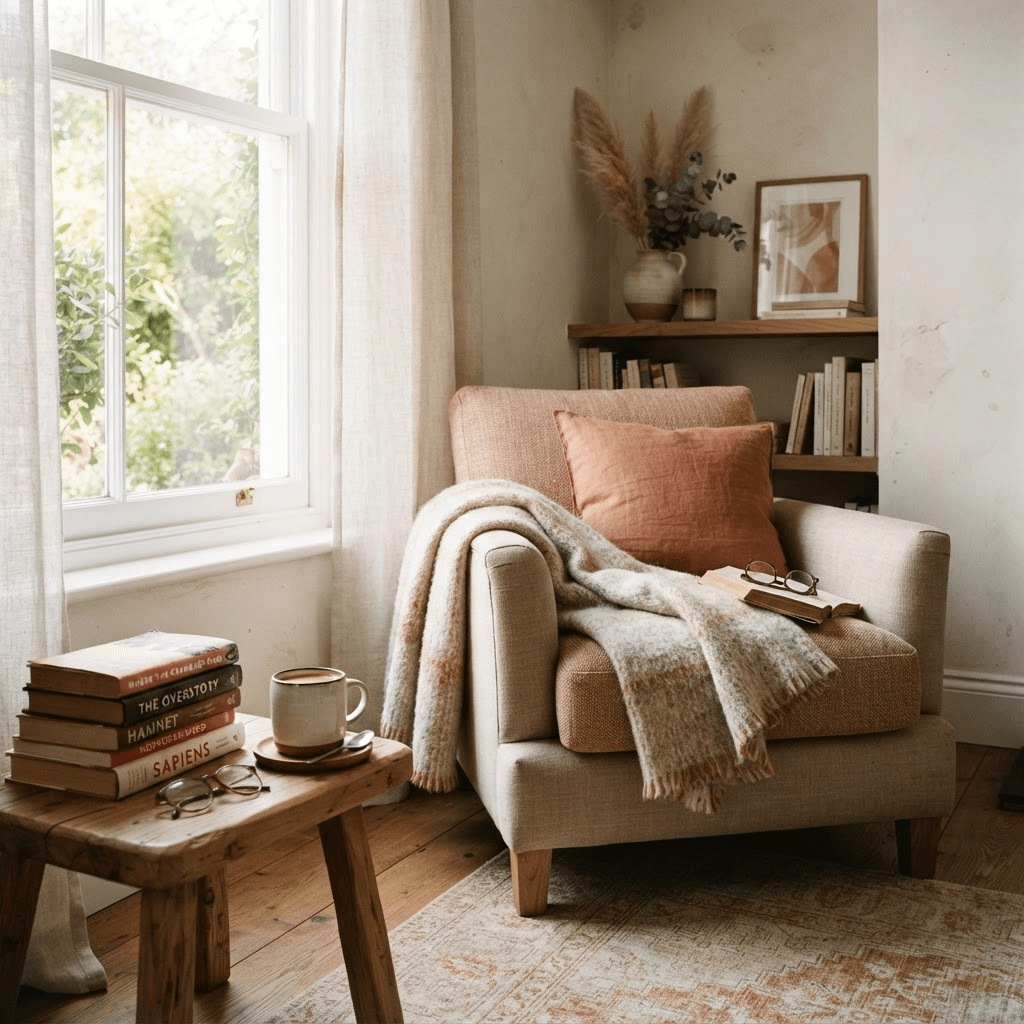 A cozy reading nook with a stack of hardcover books and coffee