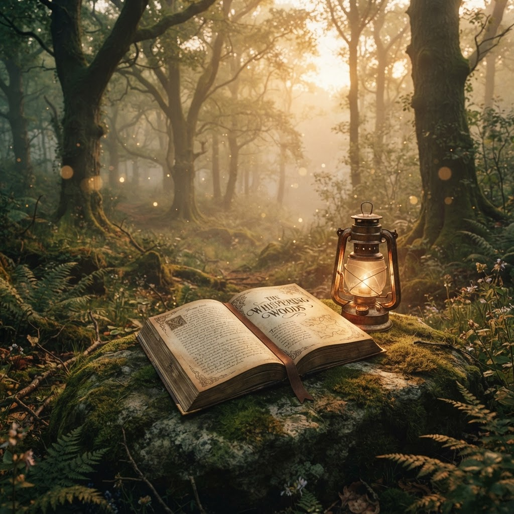 An open fantasy novel resting beside a lantern in a misty forest