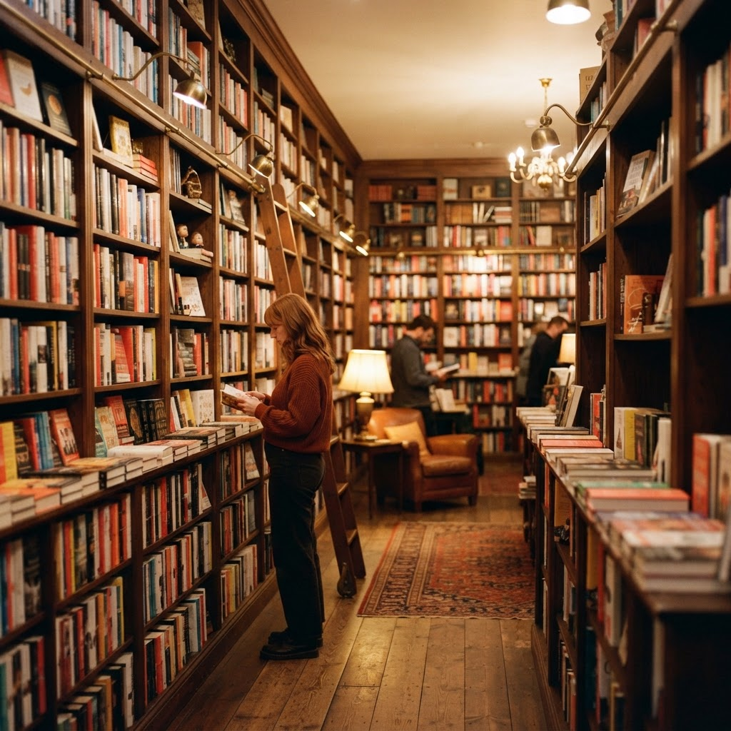 Warmly lit bookshop shelves filled with books
